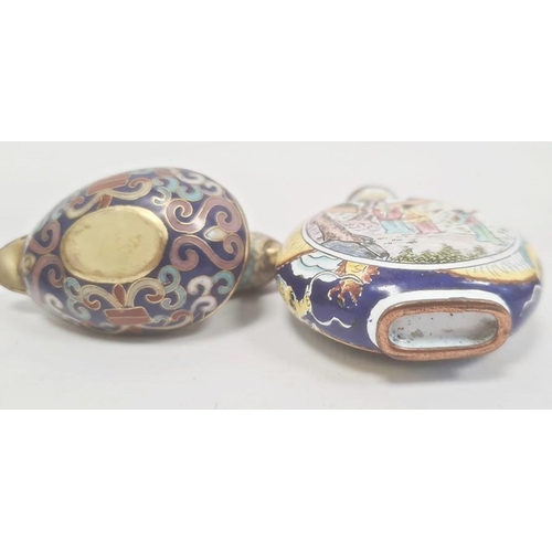 116 - Chinese cloisonné enamel cylindrical box, blue ground and three-compartmented, 7cm high, three Chine... 