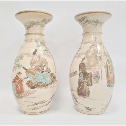 117 - Pair 19th century Japanese Satsuma earthenware vases, ovoid with flared rims and painted with figure... 