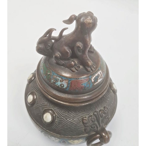 119 - Chinese 19th century bronze and enamel koro and cover, the domed lid with dog of fo finial and the t... 