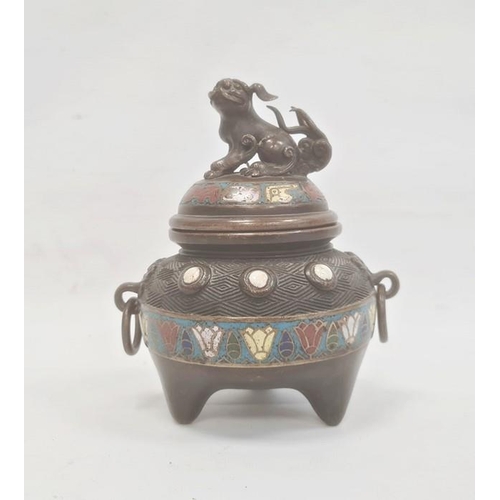 119 - Chinese 19th century bronze and enamel koro and cover, the domed lid with dog of fo finial and the t... 