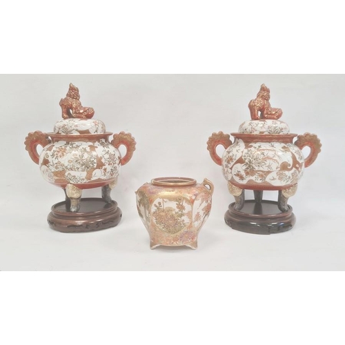 120 - Pair Japanese Kutani earthenware koros, each with domed lid having temple lion finial, the bulbous b... 