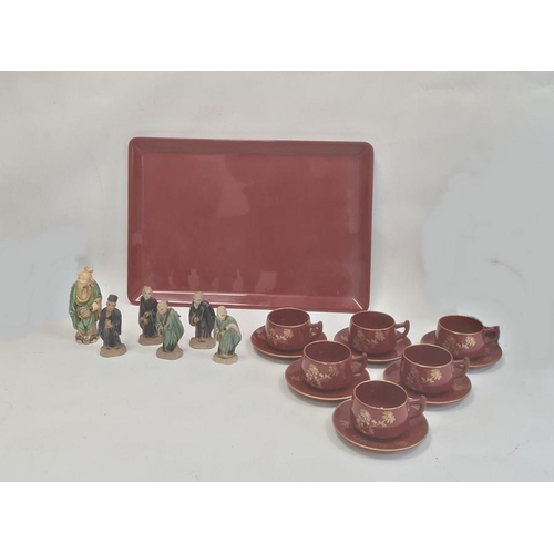 122 - Collection of six Chinese partly glazed stoneware figures, various sizes and a Japanese lacquer coff... 