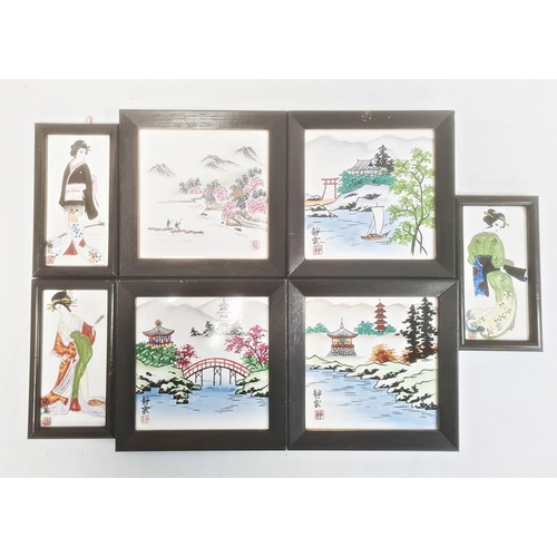 124 - Collection of four Japanese ceramic tiles with lakeside landscape decoration and a set of three simi... 