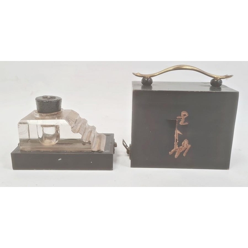 127 - Japanese glass stepped travelling inkwell/pen stand, circa 1930, in lacquered wood rectangular case ... 