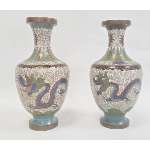 129 - Pair Chinese cloisonné enamel vases, baluster shaped, each with pair dragons and flaming pearl, flor... 