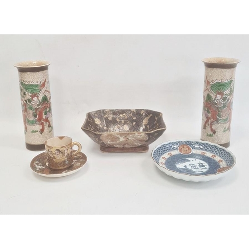 130 - Japanese Satsuma earthenware coffee can and saucer decorated with deities, Japanese porcelain saucer... 