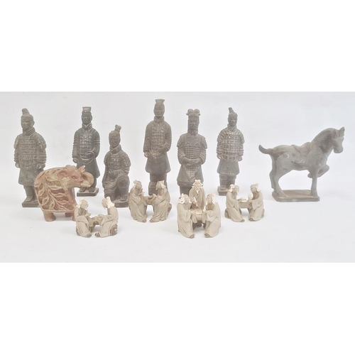 131 - Collection of six various Chinese tomb style figures, standing and kneeling, a similar horse, carved... 