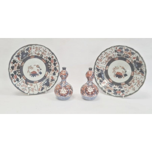 133 - Pair Japanese Imari dishes with flowers in panels, 23cm dia. and a pair of porcelain double-gourd va... 