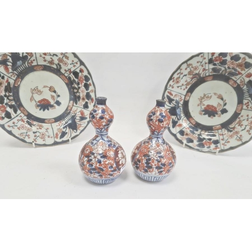 133 - Pair Japanese Imari dishes with flowers in panels, 23cm dia. and a pair of porcelain double-gourd va... 