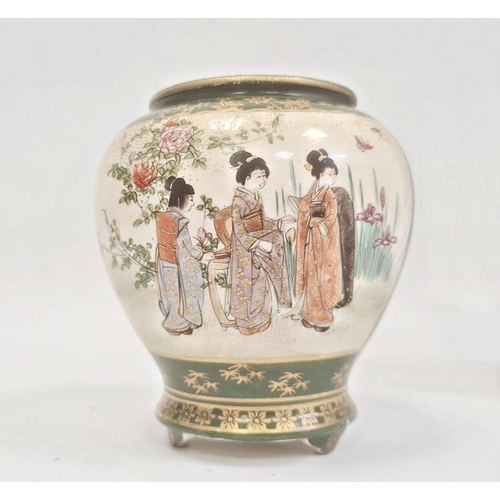 134 - Japanese Meiji period Satsuma vase, green ground and painted with panels of figures in a garden, sig... 