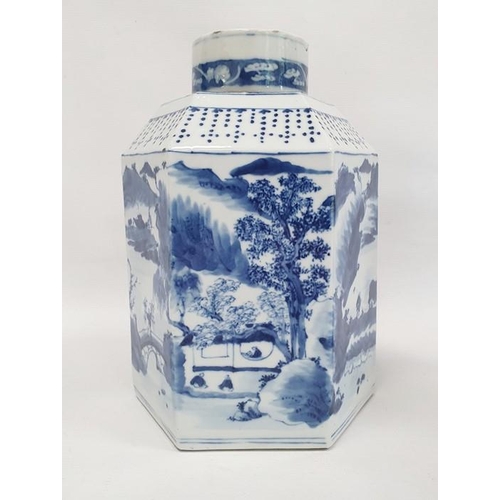 136 - Chinese porcelain hexagonal jar and cover, underglaze blue decoration of lakeside landscape scenes, ... 