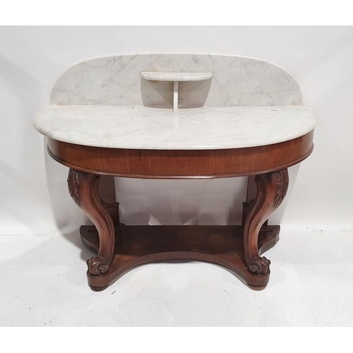 1419 - Late 19th century marble-topped demi-lune washstand the mahogany base on cabriole legs to platform u... 