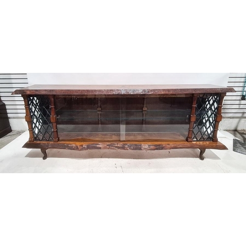 1423 - 20th century pine low display case, the top with a natural edge finish and inlaid with masonic symbo... 