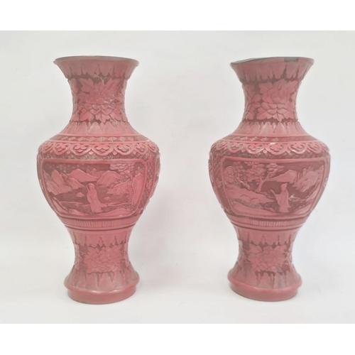 143 - Pair Chinese cinnabar lacquer vases, inverse baluster shaped with panels of figures in landscape, al... 