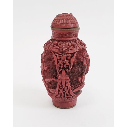 145 - Chinese carved cinnabar lacquer snuff bottle, slender ovoid with panels of flowers, 6.5cm high, Qian... 