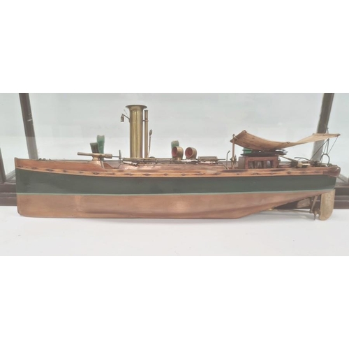 154 - Wood and brass model of a picket boat, RN, having brass funnel and rudder, all in glazed wood case, ... 