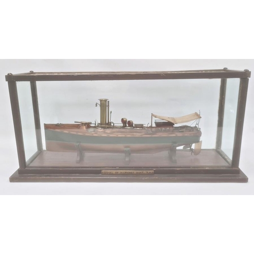 154 - Wood and brass model of a picket boat, RN, having brass funnel and rudder, all in glazed wood case, ... 