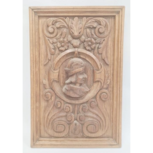 159 - Renaissance style carved oak panel with male bust in high relief to centre, scrolls and foliage surr... 