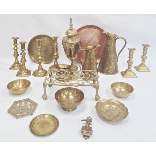 165 - Large quantity of brassware to include old rectangular pieced trivet, table candlesticks, jugs, Indi... 