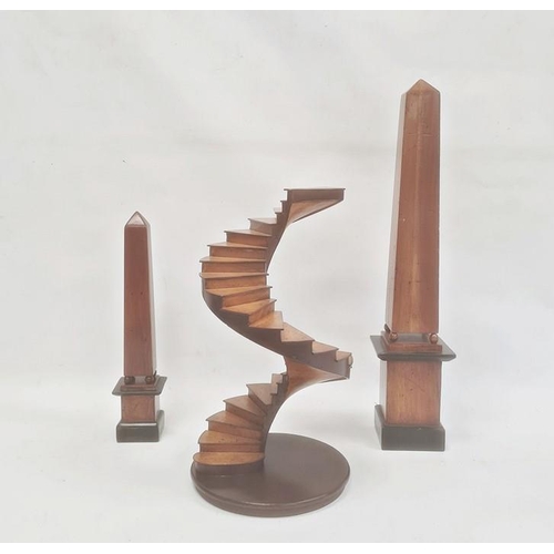 175 - Architectural wooden model of spiral staircase, 36.5cm high and two various wooden obelisks