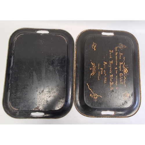 178 - Two old japanned metal trays, rectangular but with integral handles and having painted floral decora... 