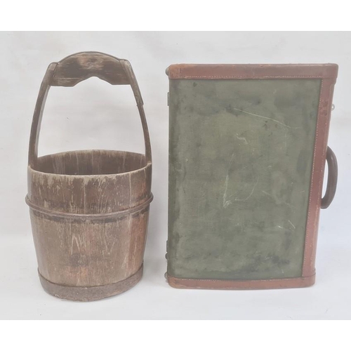 187 - Leather bound canvas case and an old wooden pail with iron mounts (2)