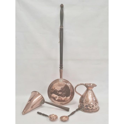 190 - Old copper warming pan, old copper measure, old copper ale warmer, conical with metal handle and two... 