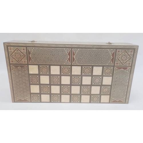 193 - Parquetry inlaid chequerboard games box, hinged with various playing pieces, 51cm wide