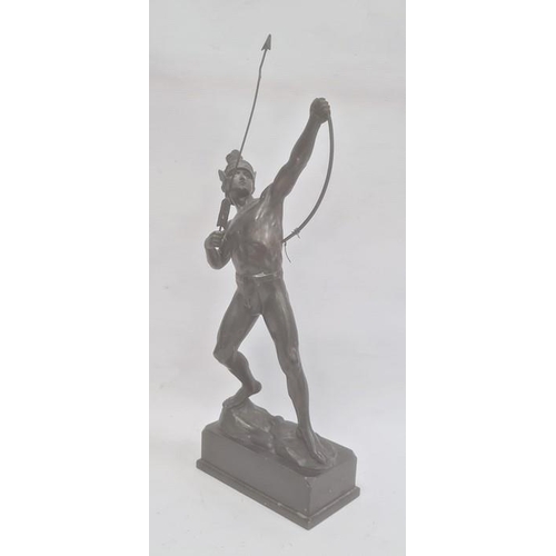 197 - Spelter model of an archer, standing on rocky base and the rectangular plinth, 18cm high overall