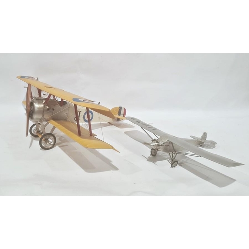 217 - Model of a bi-plane, probably Sopwith Camel, painted wood and metal, wing span 74cm, and another sma... 