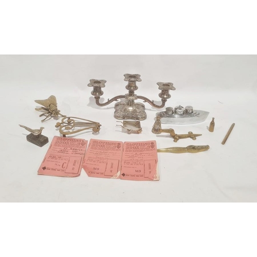 235 - Three branch silver plated candelabrum, boat shaped cruet set and assorted metalware (1 box)