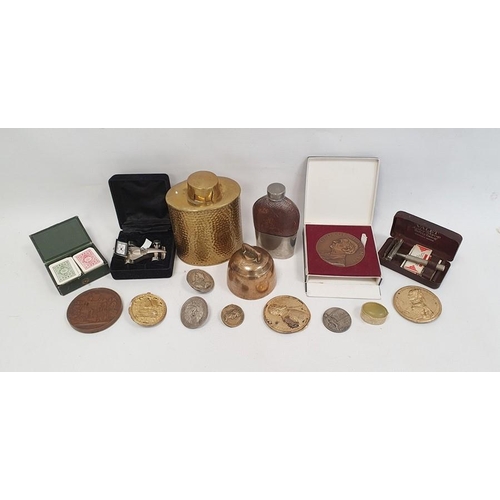 243 - Various badges, enamel badges, buttons, a leather wallet, Kodak 25 year service medal, hip flask and... 