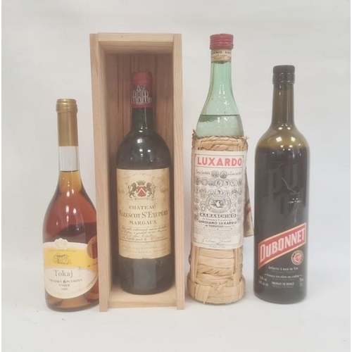 266 - One bottle 1986 Chateau Melescot St Exupery Margaux in presentation box, a bottle of Luxardo Marasch... 