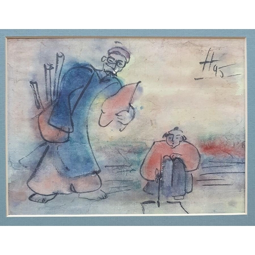 276 - 20th century - Unknown artist
 Pen and coloured wash sketches
 Figures, all signed and dated H '95, ... 