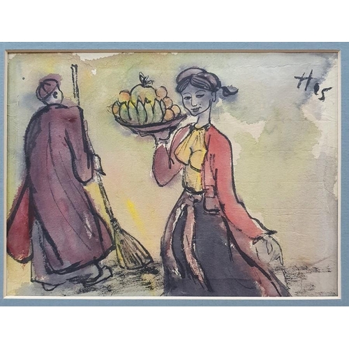 276 - 20th century - Unknown artist
 Pen and coloured wash sketches
 Figures, all signed and dated H '95, ... 