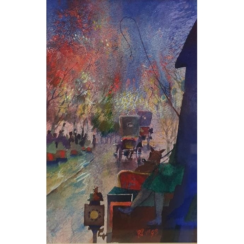 279 - 20th century British School
 Watercolour
 Street scene with carriages, signed and dated lower right ... 