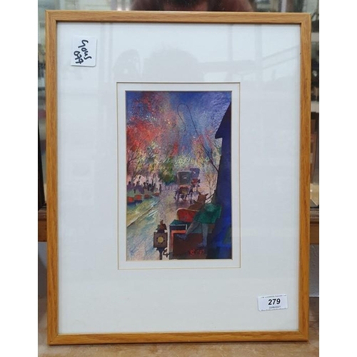 279 - 20th century British School
 Watercolour
 Street scene with carriages, signed and dated lower right ... 