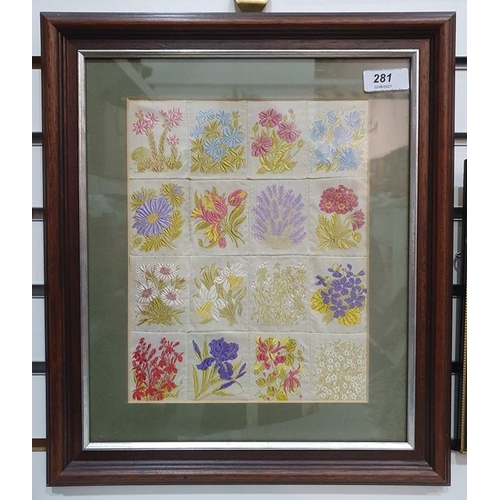 281 - Sixteen silk floral embroidered panels stitched together and glazed, 24 x 19cm