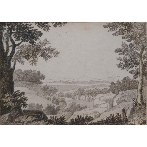 295 - After Poussin
 Pair small engravings 
 Landscape scenes, 5 x 6cm and 4 x 6cm and 

 Modern print of ... 