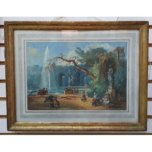 296 - Continental School - 19th century
 Watercolour
 Figures in a garden with lake and statues, signed in... 