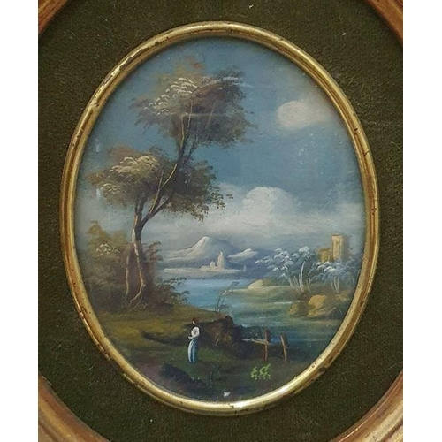 298 - British School - 20th century
 Pair of oils on board
 Landscape scenes, oval, 9.5 x 7.5cm, signed wi... 