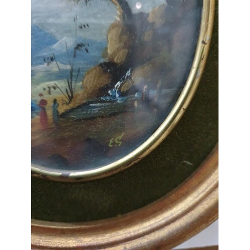 298 - British School - 20th century
 Pair of oils on board
 Landscape scenes, oval, 9.5 x 7.5cm, signed wi... 