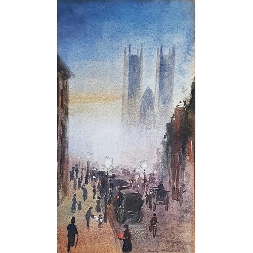 299 - Emily Stansfield (XIX)
 Watercolour drawing
 Street scene with figures, cathedral in distance, signe... 