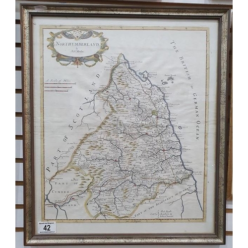 320 - After Robert Morden
 Hand-coloured map of Northumberland, 45cm x 38cm, an architectural engraving an... 