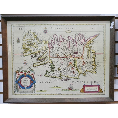 320 - After Robert Morden
 Hand-coloured map of Northumberland, 45cm x 38cm, an architectural engraving an... 