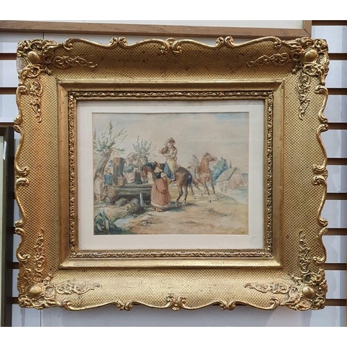 323 - British school (19th century) 
 Watercolour 
 Horsemen having a refreshment, signed indistinctly and... 