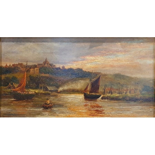 332 - British school (late 19th/early 20th century)
 Oil on canvas 
 Boats on a lake with town beyond, 43c... 