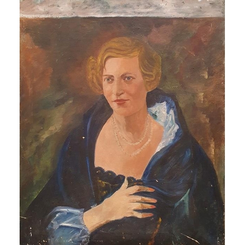 334 - British school (20th century)
 Oil on canvas
 Half-length portrait of a lady with blue cape and pear... 