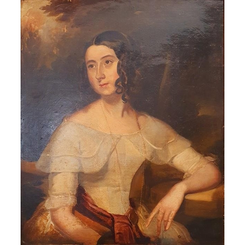 335 - British school (19th century)
 Oil on canvas
 Half-length portrait of a seated lady with red sash, 7... 