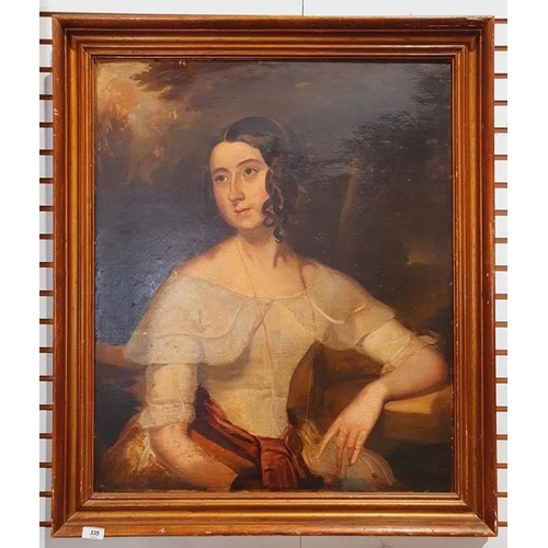 335 - British school (19th century)
 Oil on canvas
 Half-length portrait of a seated lady with red sash, 7... 